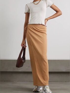Baserange Rib Cotton Knit Wrap Maxi Skirt Beige Tan Sz Small